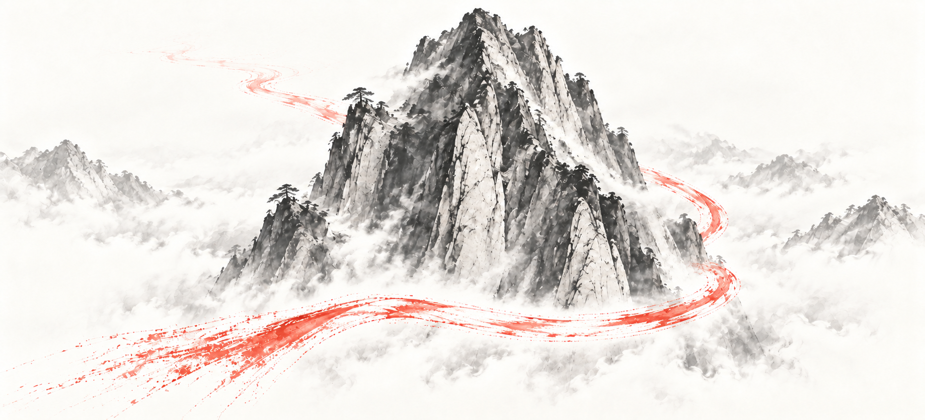 高耸的水墨主峰矗立云中，红丝带沿山脚前方绕向右侧，在山后隐去，再从左侧露出并向远方云雾散开。